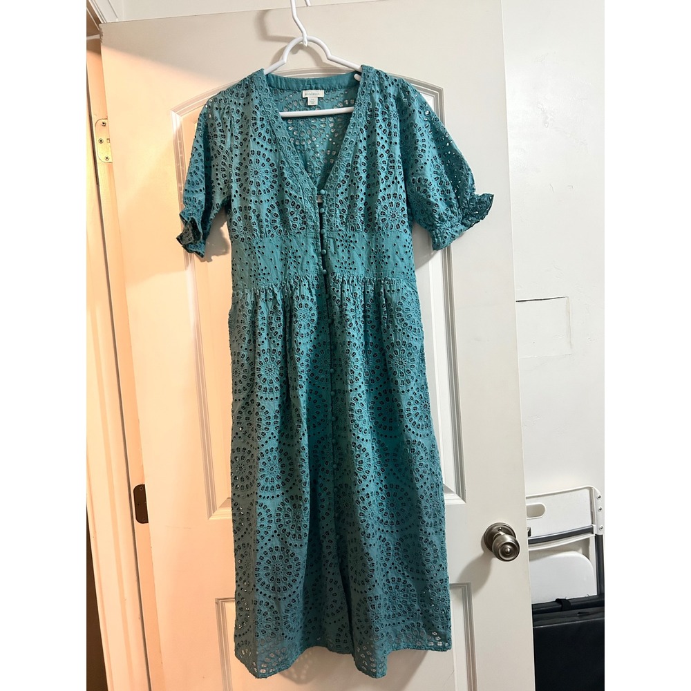 Sundance Womens‎ Teal Blue Cotton Eyelet Embroidered Button Front Midi Dress PS